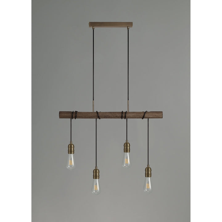 Nelson Lighting NL77469 Tuba Bar Pendant 4 Light Medium Oak/Antique Brass