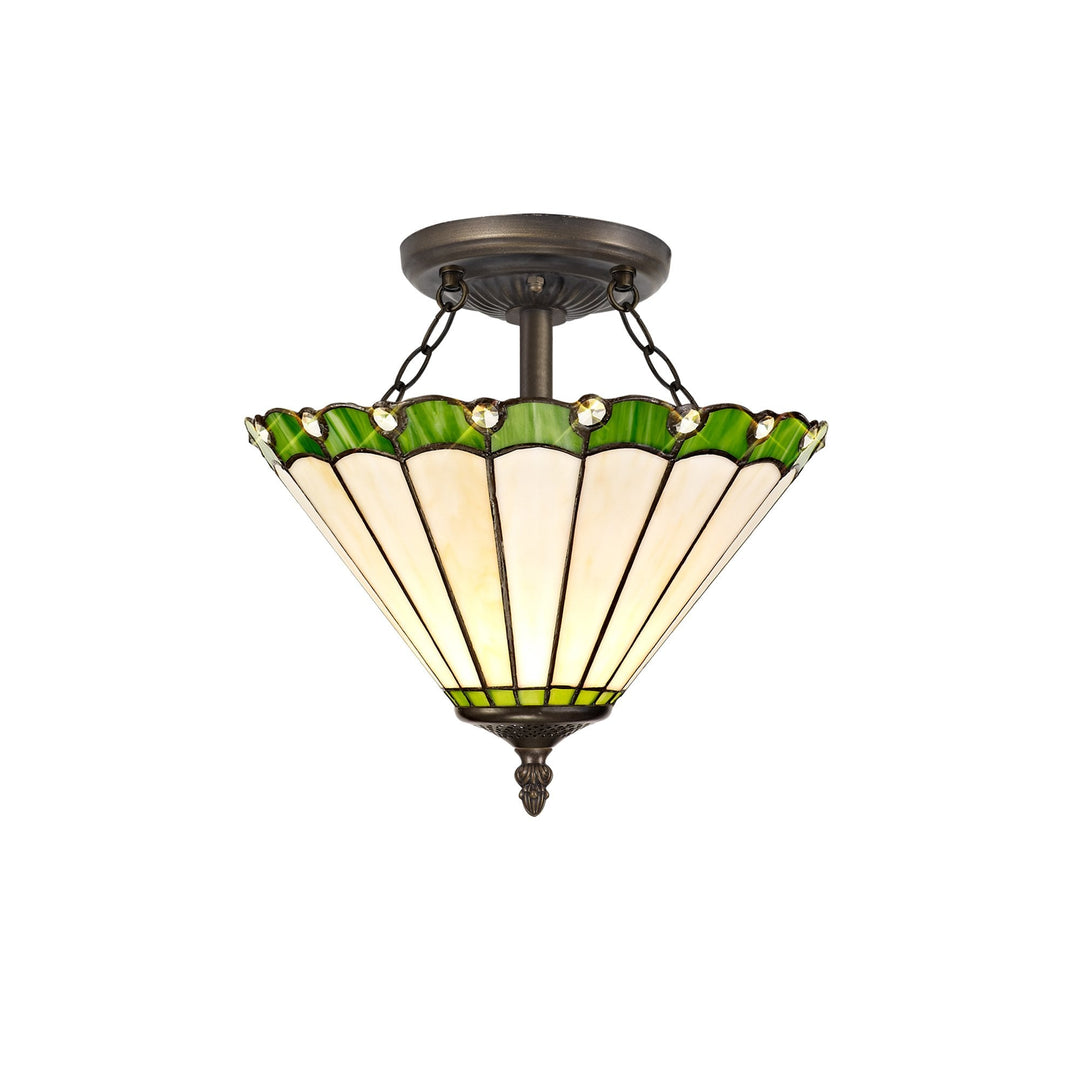 Nelson Lighting NLK02459 Umbrian 2 Light Semi Ceiling With 30cm Tiffany Shade Green/Chrome/Antique Brass