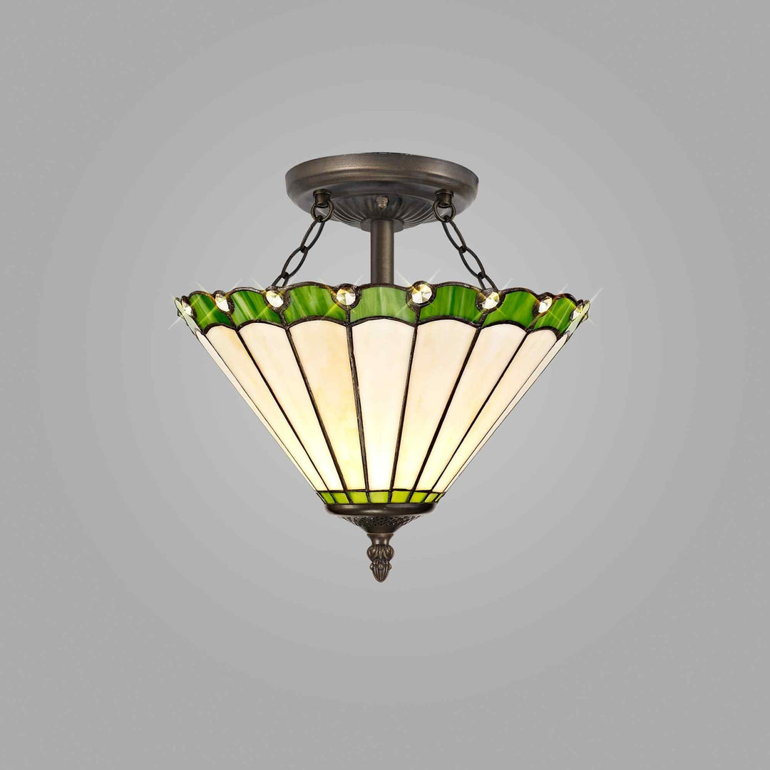 Nelson Lighting NLK02459 Umbrian 2 Light Semi Ceiling With 30cm Tiffany Shade Green/Chrome/Antique Brass