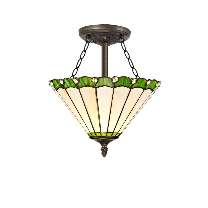 Nelson Lighting NLK02469 Umbrian 3 Light Semi Ceiling With 30cm Tiffany Shade Green/Chrome/Antique Brass