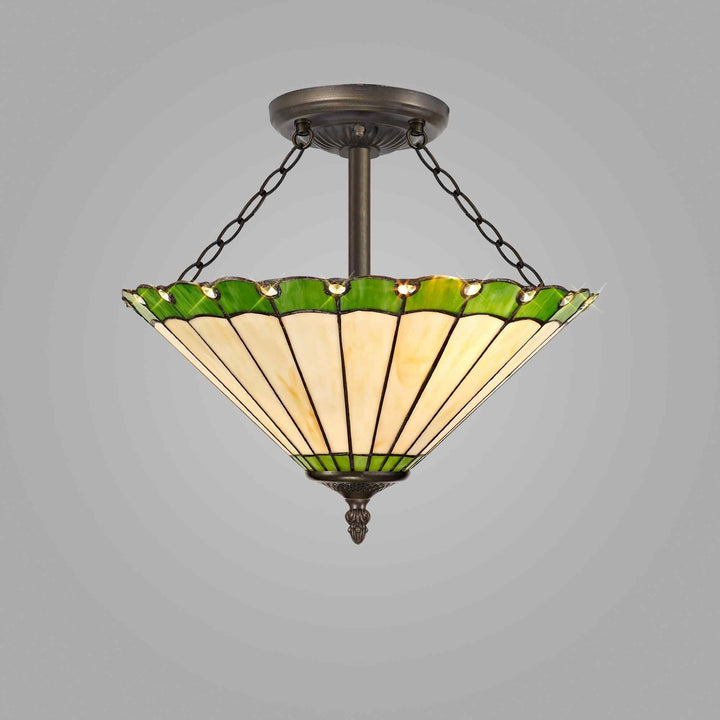Nelson Lighting NLK02559 Umbrian 3 Light Semi Ceiling With 40cm Tiffany Shade Green/Chrome/Antique Brass