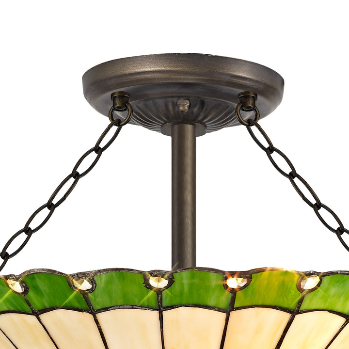 Nelson Lighting NLK02559 Umbrian 3 Light Semi Ceiling With 40cm Tiffany Shade Green/Chrome/Antique Brass