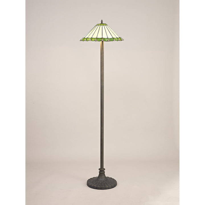 Nelson Lighting NLK02599 Umbrian 2 Light Stepped Design Floor Lamp With 40cm Tiffany Shade Green/Chrome/Brass