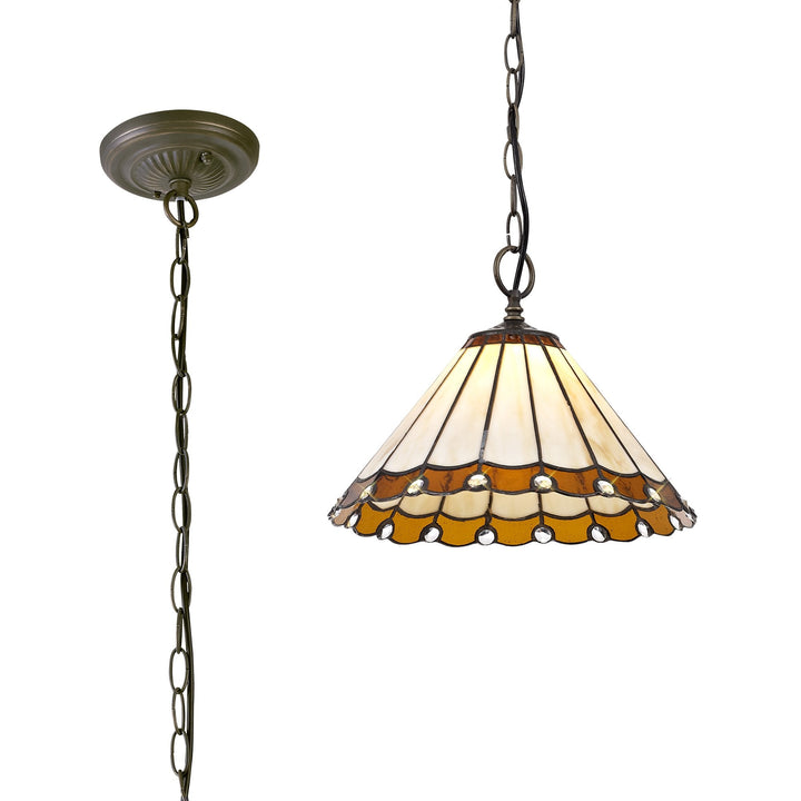 Nelson Lighting NLK02649 Umbrian 1 Light Down Lighter Pendant With 30cm Tiffany Shade Amber/Chrome/Crystal/Brass