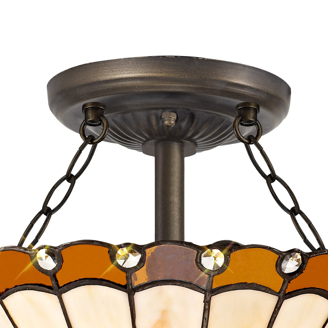 Nelson Lighting NLK02679 Umbrian 2 Light Semi Ceiling With 30cm Tiffany Shade Amber/Chrome/Antique Brass
