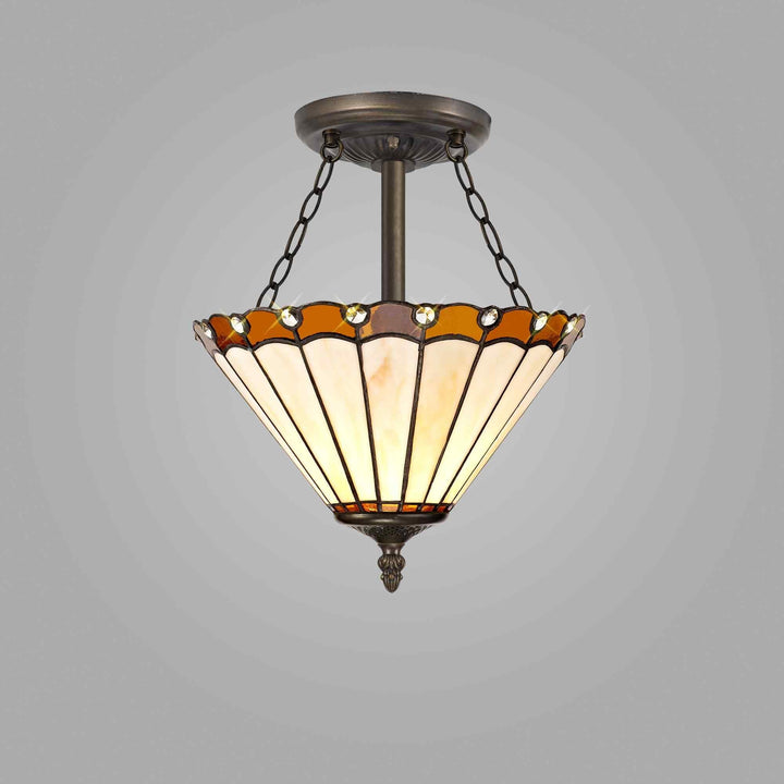 Nelson Lighting NLK02689 Umbrian 3 Light Semi Ceiling With 30cm Tiffany Shade Amber/Chrome/Antique Brass