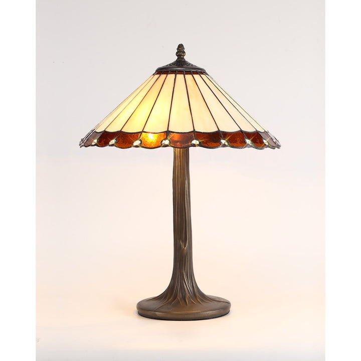 Nelson Lighting NLK02729 Umbrian 2 Light Curved Table Lamp With 40cm Tiffany Shade Amber/Chrome/Antique Brass