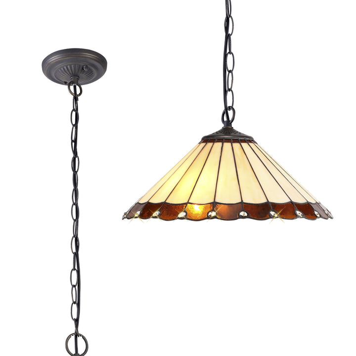 Nelson Lighting NLK02749 Umbrian 1 Light Down Lighter Pendant With 40cm Tiffany Shade Amber/Chrome/Crystal/Brass