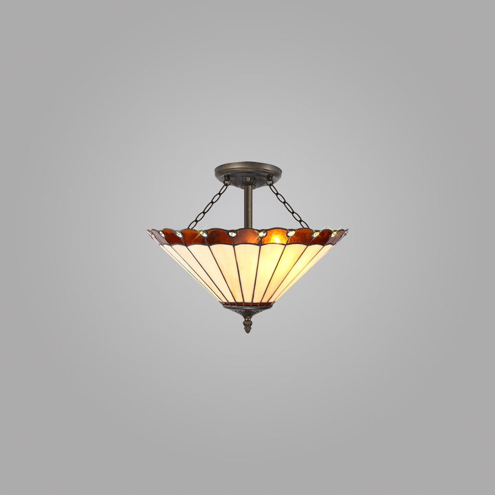 Nelson Lighting NLK02779 Umbrian 3 Light Semi Ceiling With 40cm Tiffany Shade Amber/Chrome/Antique Brass