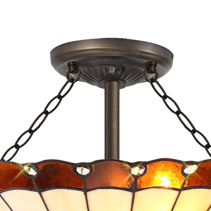 Nelson Lighting NLK02779 Umbrian 3 Light Semi Ceiling With 40cm Tiffany Shade Amber/Chrome/Antique Brass