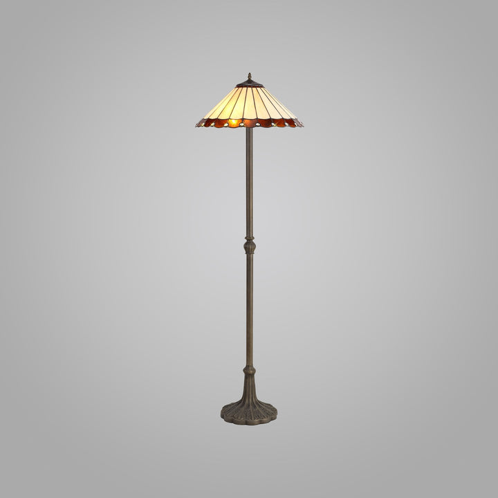 Nelson Lighting NLK02809 Umbrian 2 Light Leaf Design Floor Lamp With 40cm Tiffany Shade Amber/Chrome/Brass