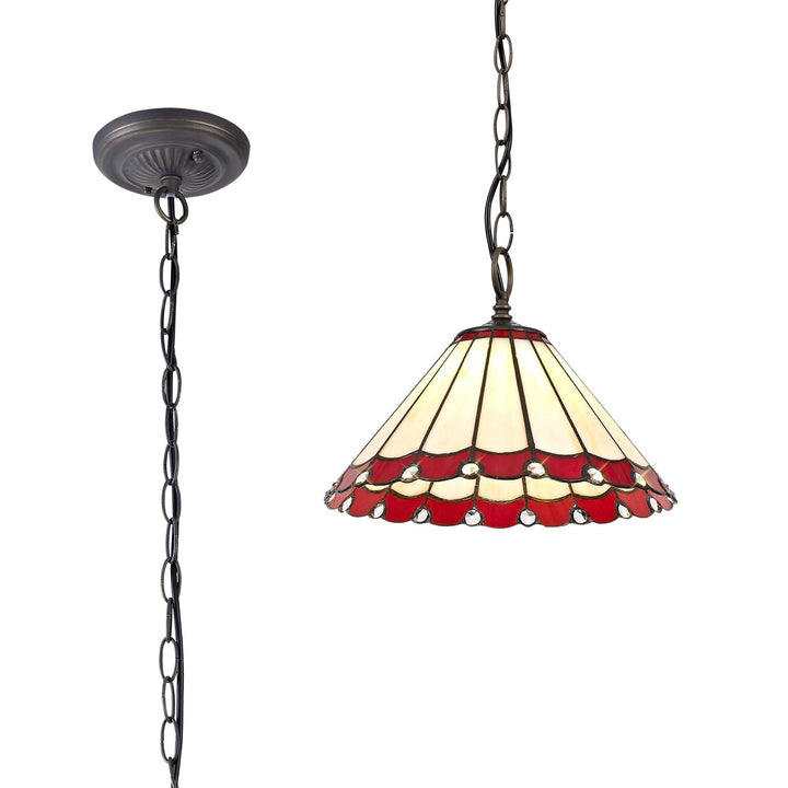 Nelson Lighting NLK02869 Umbrian 1 Light Down Lighter Pendant With 30cm Tiffany Shade Red/Chrome/Antique Brass