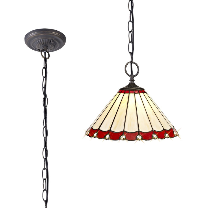 Nelson Lighting NLK02879 Umbrian 2 Light Down Lighter Pendant With 30cm Tiffany Shade Red/Chrome/Antique Brass