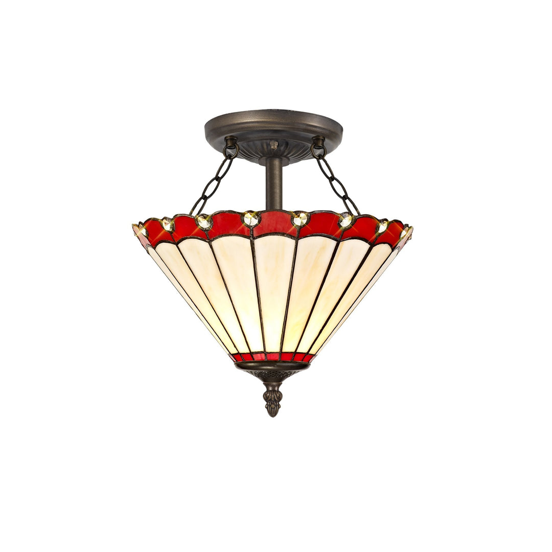Nelson Lighting NLK02899 Umbrian 2 Light Semi Ceiling With 30cm Tiffany Shade Red/Chrome/Antique Brass