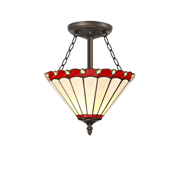 Nelson Lighting NLK02909 Umbrian 3 Light Semi Ceiling With 30cm Tiffany Shade Red/Chrome/Antique Brass