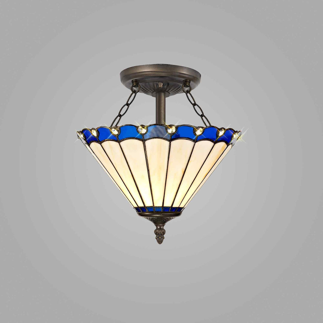 Nelson Lighting NLK03119 Umbrian 2 Light Semi Ceiling With 30cm Tiffany Shade Blue/Chrome/Antique Brass