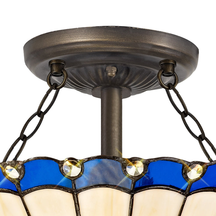 Nelson Lighting NLK03119 Umbrian 2 Light Semi Ceiling With 30cm Tiffany Shade Blue/Chrome/Antique Brass