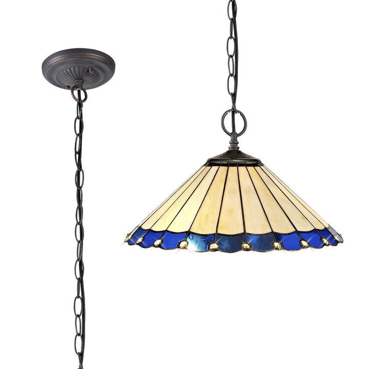 Nelson Lighting NLK03199 Umbrian 2 Light Down Lighter Pendant With 40cm Tiffany Shade Blue/Chrome/Antique Brass