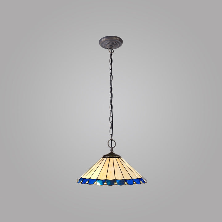 Nelson Lighting NLK03199 Umbrian 2 Light Down Lighter Pendant With 40cm Tiffany Shade Blue/Chrome/Antique Brass