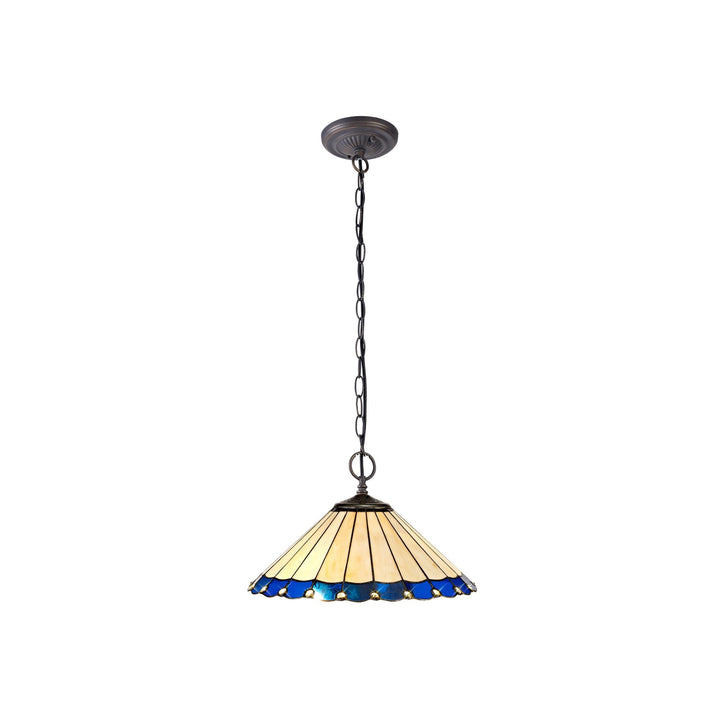 Nelson Lighting NLK03199 Umbrian 2 Light Down Lighter Pendant With 40cm Tiffany Shade Blue/Chrome/Antique Brass