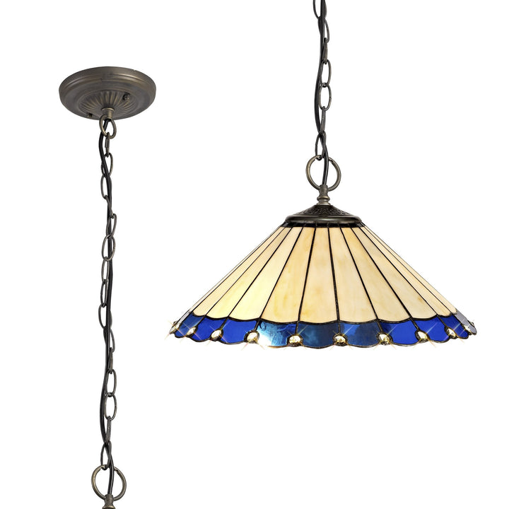 Nelson Lighting NLK03209 Umbrian 3 Light Down Lighter Pendant With 40cm Tiffany Shade Blue/Chrome/Antique Brass