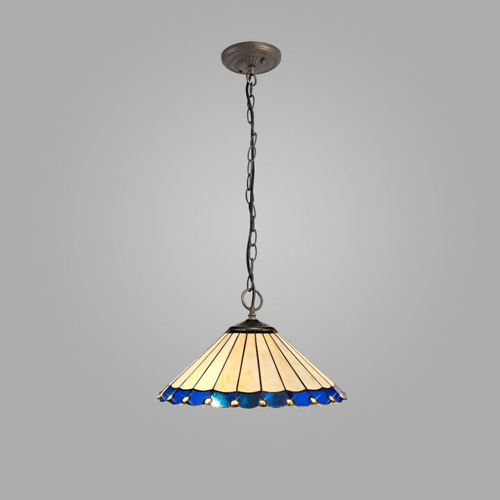 Nelson Lighting NLK03209 Umbrian 3 Light Down Lighter Pendant With 40cm Tiffany Shade Blue/Chrome/Antique Brass
