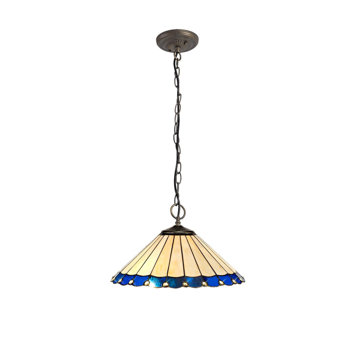 Nelson Lighting NLK03209 Umbrian 3 Light Down Lighter Pendant With 40cm Tiffany Shade Blue/Chrome/Antique Brass