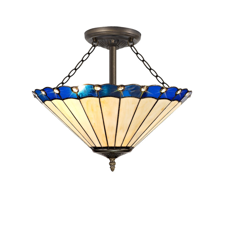 Nelson Lighting NLK03219 Umbrian 3 Light Semi Ceiling With 40cm Tiffany Shade Blue/Chrome/Antique Brass