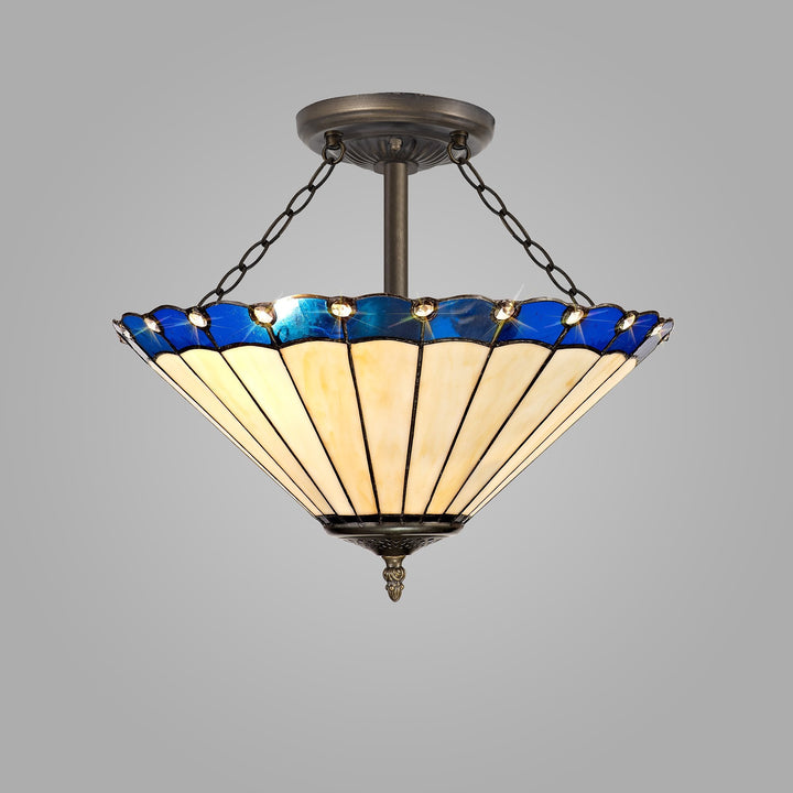 Nelson Lighting NLK03219 Umbrian 3 Light Semi Ceiling With 40cm Tiffany Shade Blue/Chrome/Antique Brass