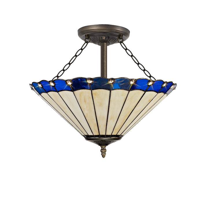 Nelson Lighting NLK03219 Umbrian 3 Light Semi Ceiling With 40cm Tiffany Shade Blue/Chrome/Antique Brass