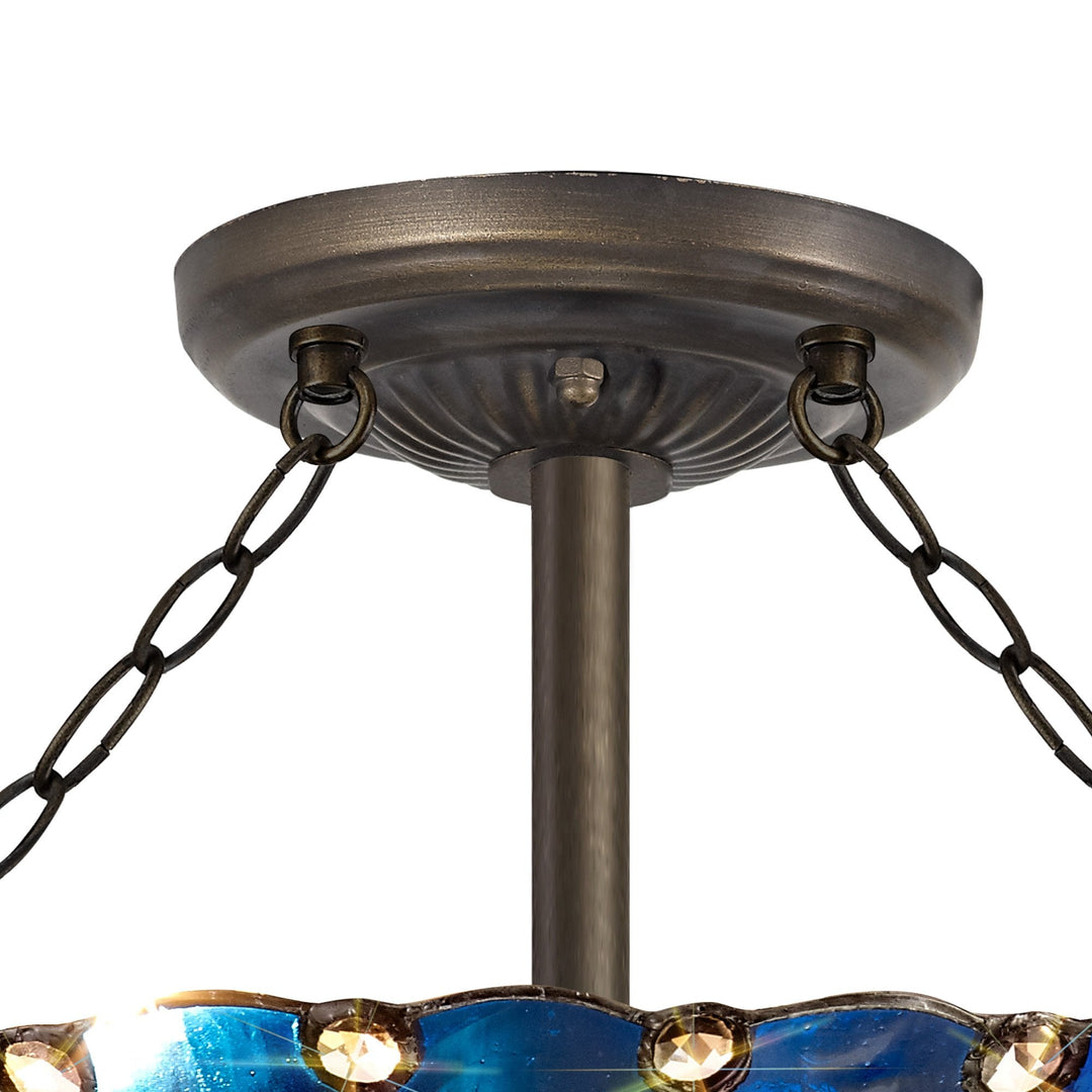Nelson Lighting NLK03219 Umbrian 3 Light Semi Ceiling With 40cm Tiffany Shade Blue/Chrome/Antique Brass