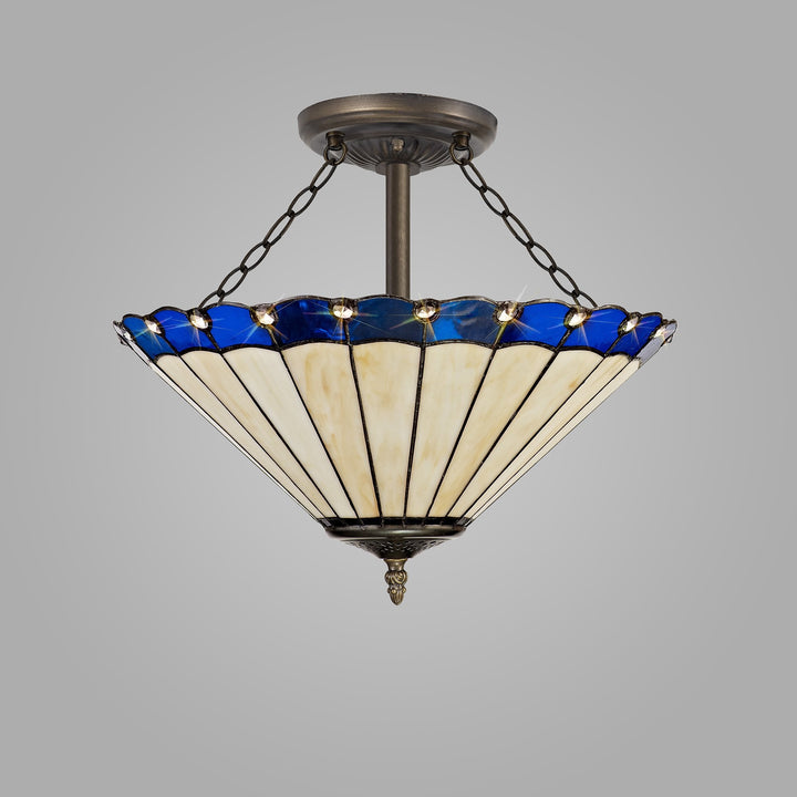 Nelson Lighting NLK03219 Umbrian 3 Light Semi Ceiling With 40cm Tiffany Shade Blue/Chrome/Antique Brass