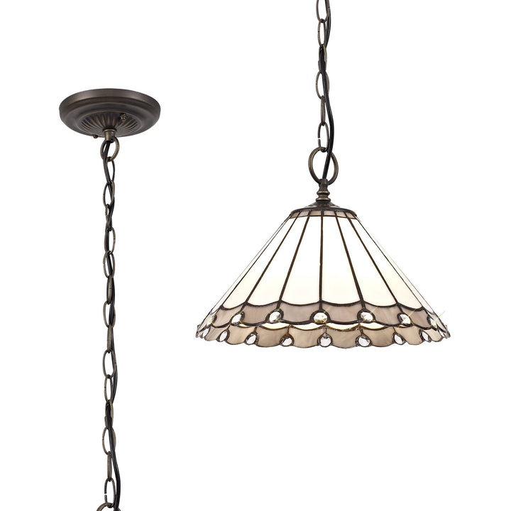 Nelson Lighting NLK03309 Umbrian 1 Light Down Lighter Pendant With 30cm Tiffany Shade Grey/Chrome/Antique Brass