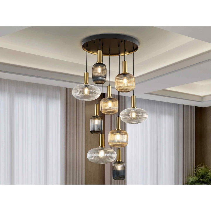 Schuller 225090 Norma Pendant 9 Light Black/Brass Mixed Glass Shades