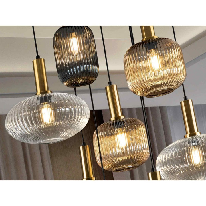 Schuller 225090 Norma Pendant 9 Light Black/Brass Mixed Glass Shades