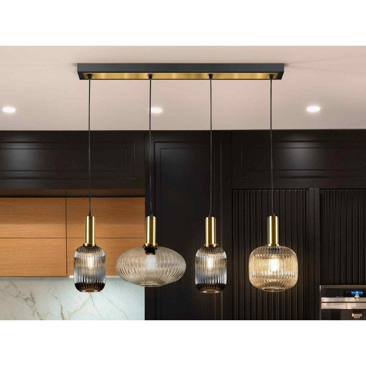 Schuller 225724 Norma Pendant 4 Light Line Black Brass Mixed Glass Shades