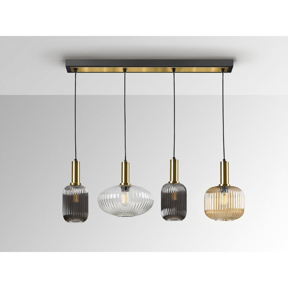 Schuller 225724 Norma Pendant 4 Light Line Black Brass Mixed Glass Shades