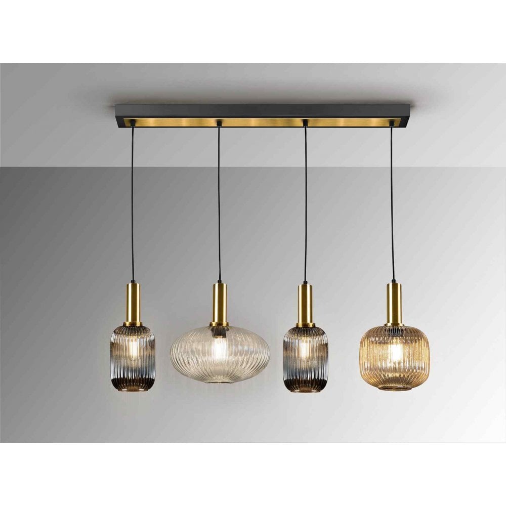Schuller 225724 Norma Pendant 4 Light Line Black Brass Mixed Glass Shades