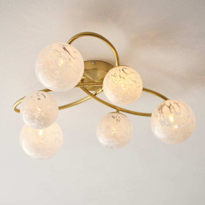Nelson Lighting NL947233 6 Light Semi Flush Ceiling Light Satin Brass Plate & White Confetti Glass