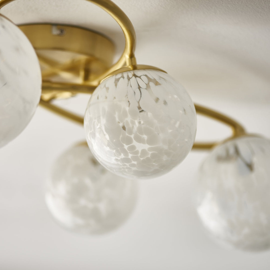 Nelson Lighting NL947233 6 Light Semi Flush Ceiling Light Satin Brass Plate & White Confetti Glass