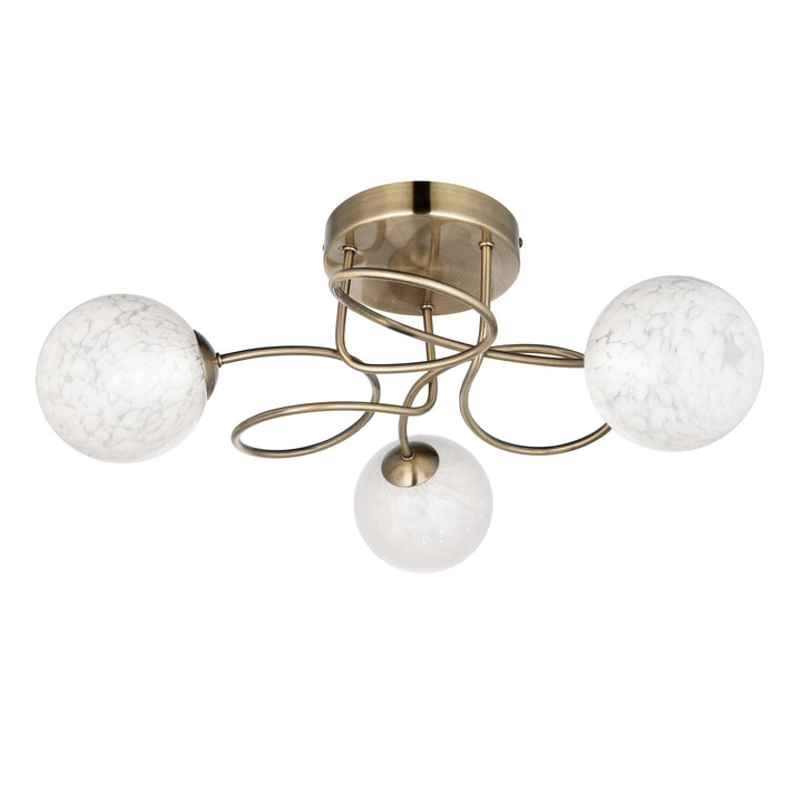 Nelson Lighting NL947647 3 Light Semi Flush Ceiling Light Antique Brass Plate & White Confetti Glass