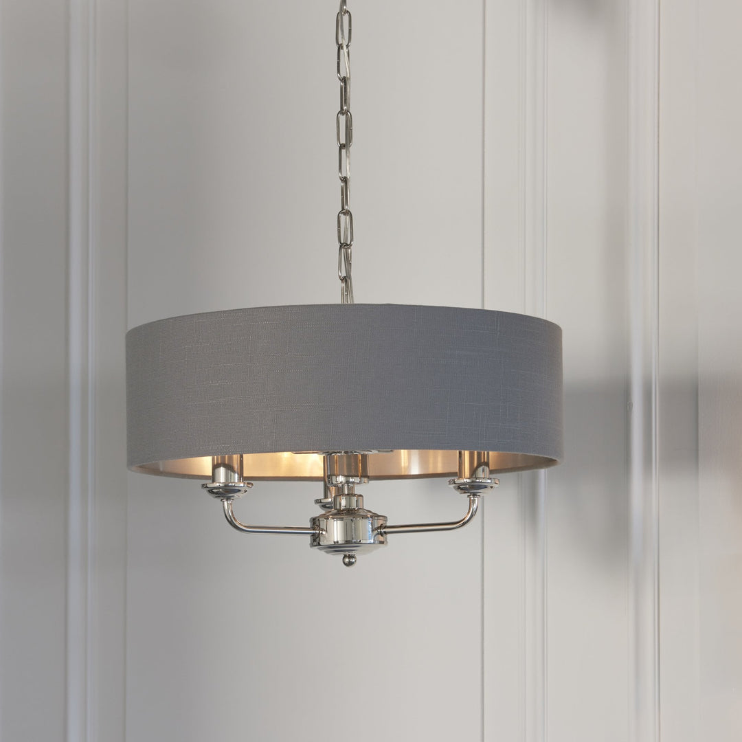 Endon 94377 Highclere 3 Light Pendant Bright Nickel Plate & Charcoal Fabric