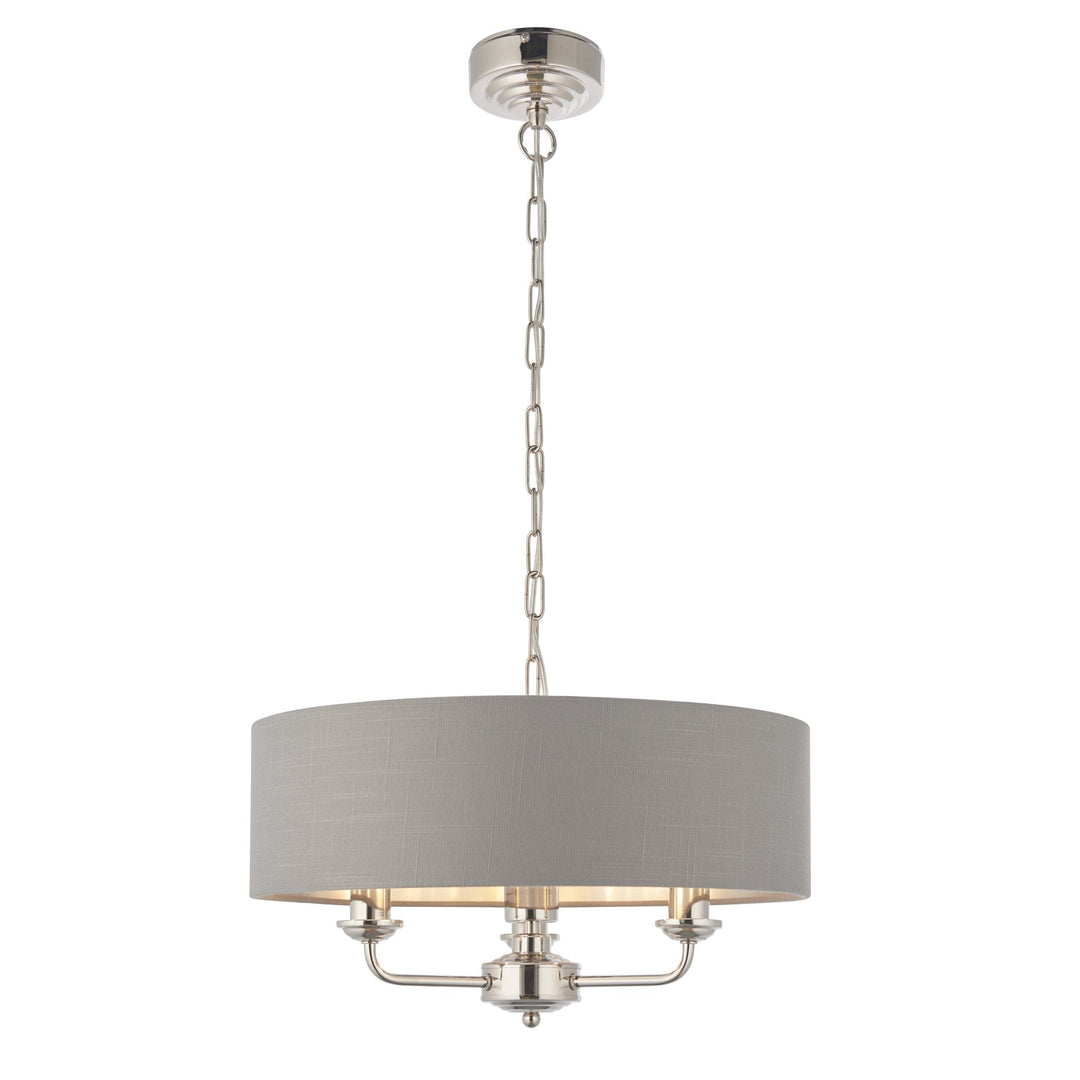 Endon 94377 Highclere 3 Light Pendant Bright Nickel Plate & Charcoal Fabric