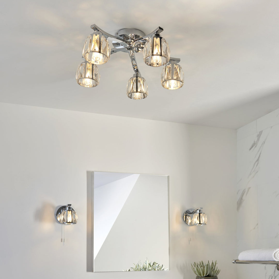 Endon 96454 Ria Bathroom 5 Light Semi Flush Ceiling Light Chrome Plate & Clear Crystal Glass