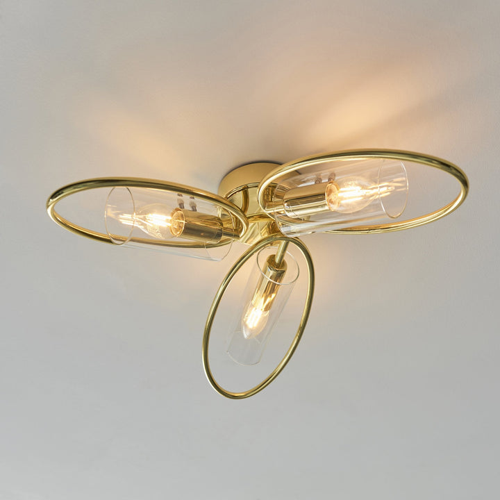 Endon 97228 Amari 3 Light Semi Flush Ceiling Light Polished Brass Plate & Clear Glass