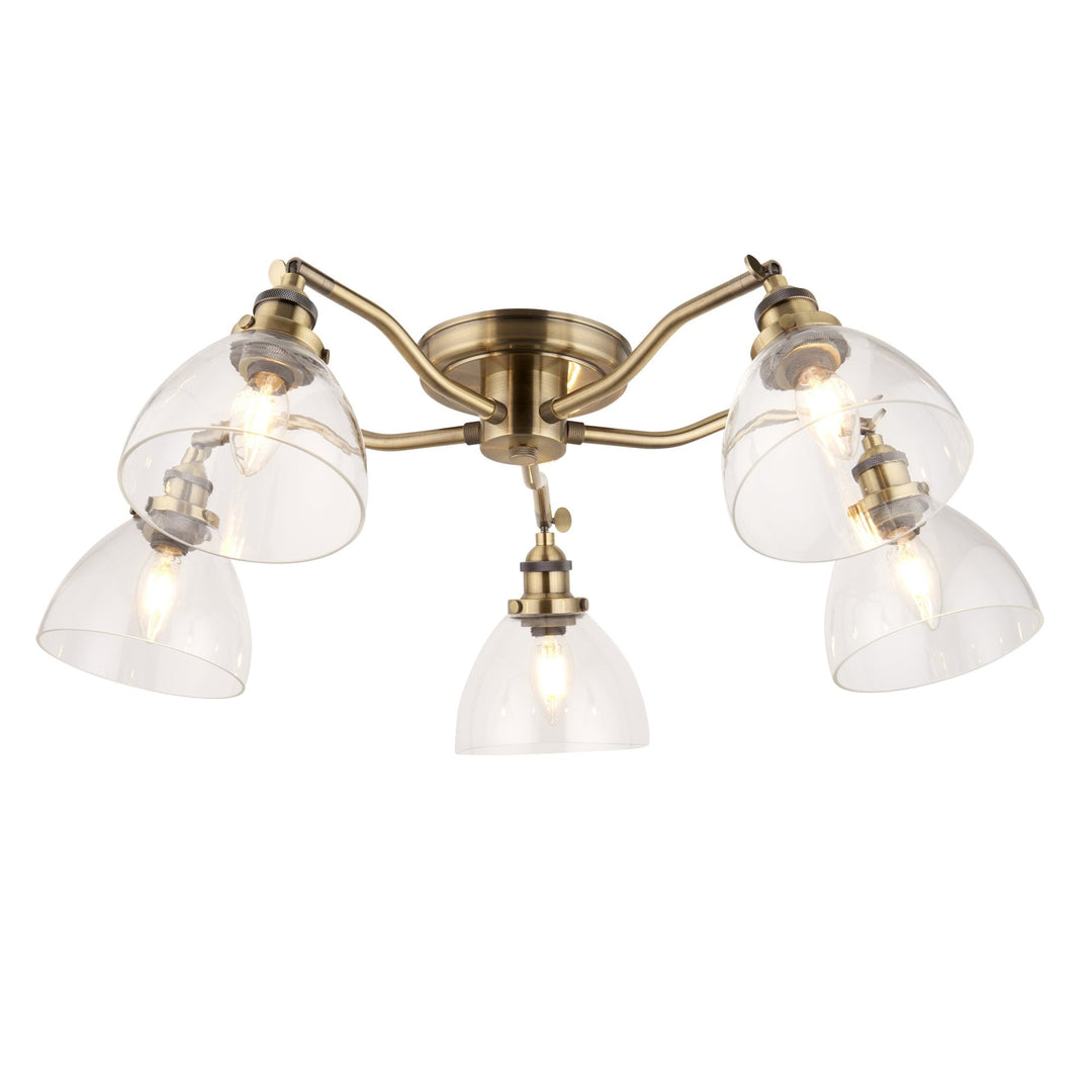 Endon 97248 Hansen 5 Light Semi Flush Ceiling Light Antique Brass Plate & Clear Glass