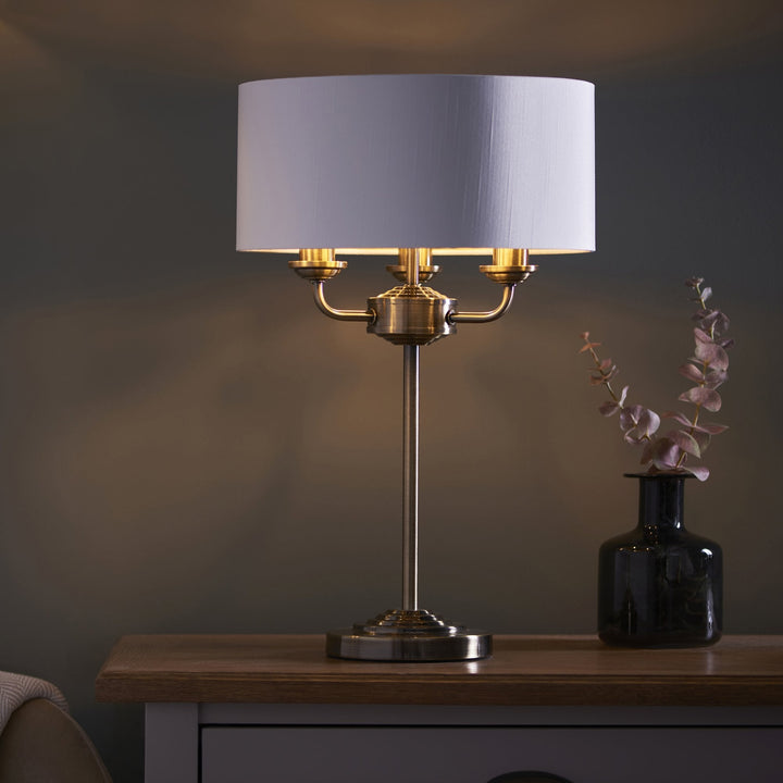 Endon 98932 Highclere 3 Light Table Lamp Antique Brass Plate & Vintage White Fabric