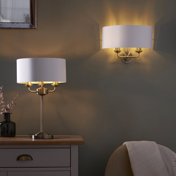 Endon 98932 Highclere 3 Light Table Lamp Antique Brass Plate & Vintage White Fabric