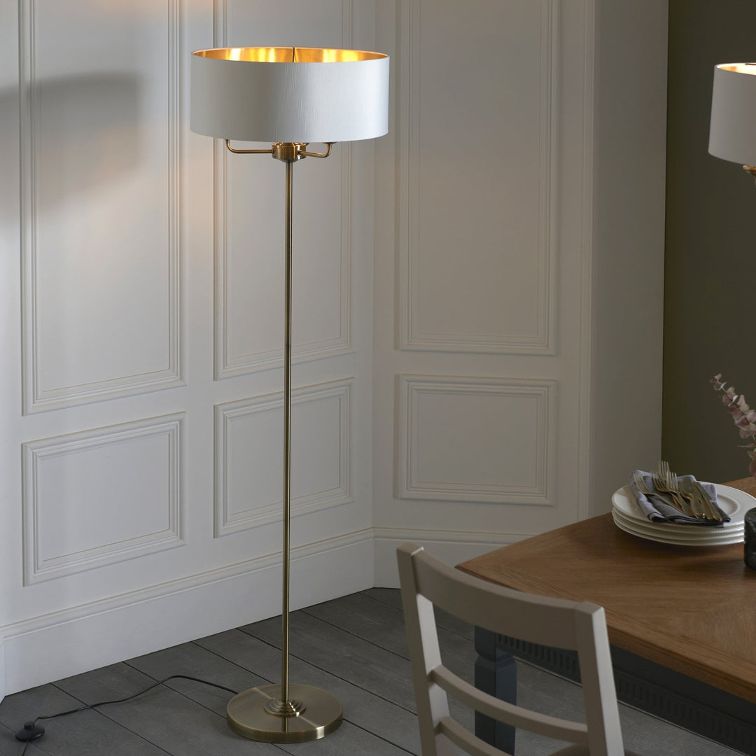 Endon 98935 Highclere 3 Light Floor Lamp Antique Brass Plate & Vintage White Fabric