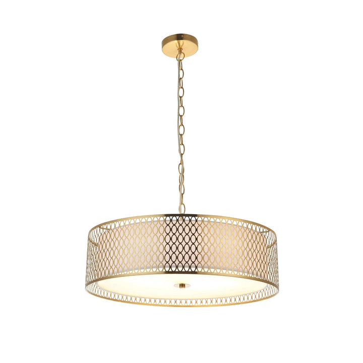 Endon 101569 Cordero 3 Light Pendant Gold Effect Plate, White Fabric & Frosted Glass